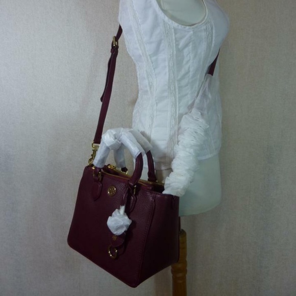 NEW Tory Burch Robinson Wine Red Pebbled Leather Mini Square Tote/Crossbody Bag - Picture 14 of 16